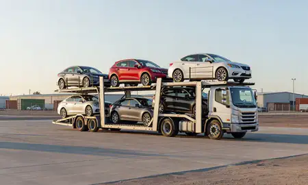 Car transporter loaded with vehicles in Avondale, Arizona, United States