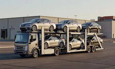 Car transporter loaded with vehicles in Buckeye, Arizona, United States