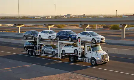 Car transporter with the Buckeye, Arizona, United States skyline behind it