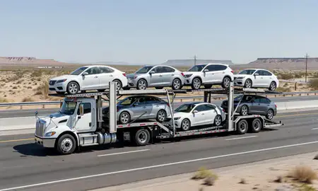 Multi-level car carrier on the highway to Bullhead City, Arizona, United States