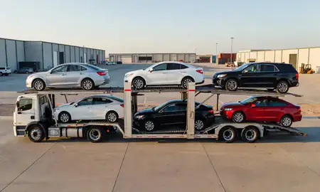 Car transporter parked in an industrial area of Bullhead City, Arizona, United States