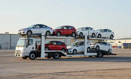Car transporter loaded with vehicles in Bullhead City, Arizona, United States