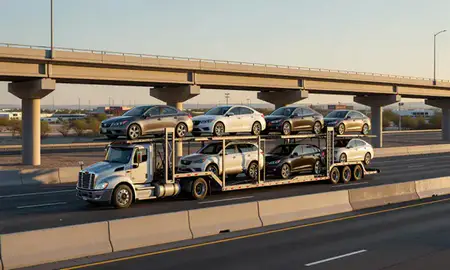 Car transporter with the Bullhead City, Arizona, United States skyline behind it