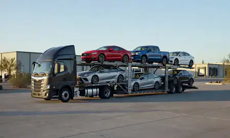 Car transporter loaded with vehicles in Casa Grande, Arizona, United States