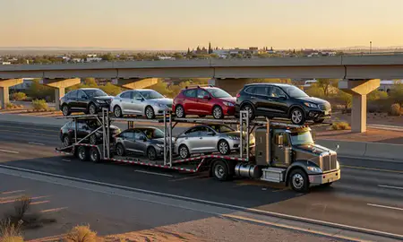 Car transporter with the Casas Adobes, Arizona, United States skyline behind it
