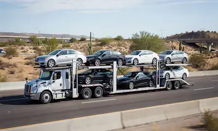 Multi-level car carrier on the highway to Catalina Foothills, Arizona, United States