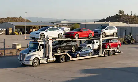 Car transporter loaded with vehicles in Catalina Foothills, Arizona, United States