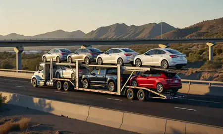 Car transporter with the Catalina Foothills, Arizona, United States skyline behind it