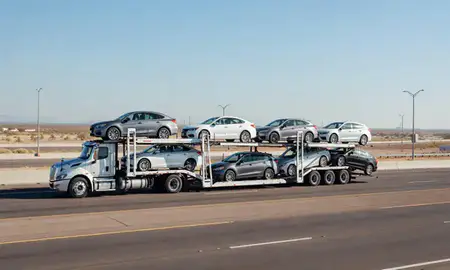 Multi-level car carrier on the highway to Chandler, Arizona, United States
