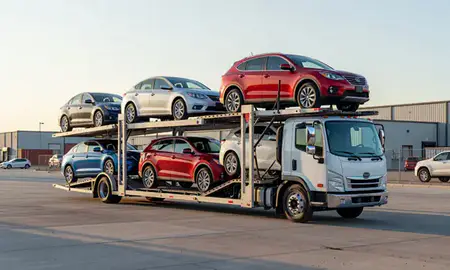 Car transporter loaded with vehicles in Chandler, Arizona, United States