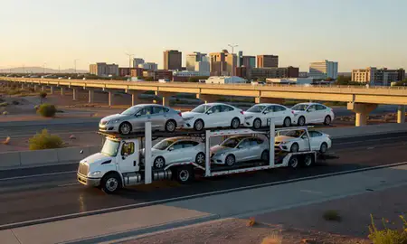 Car transporter with the Chandler, Arizona, United States skyline behind it