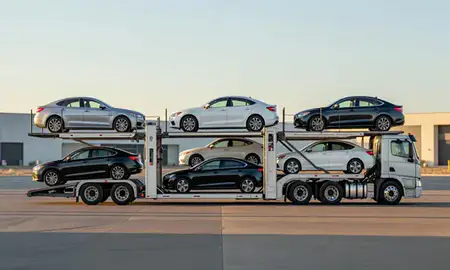 Car transporter parked in an industrial area of Flagstaff, Arizona, United States