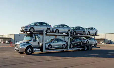 Car transporter loaded with vehicles in Flagstaff, Arizona, United States