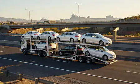 Car transporter with the Flagstaff, Arizona, United States skyline behind it