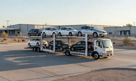 Car transporter loaded with vehicles in Gilbert, Arizona, United States