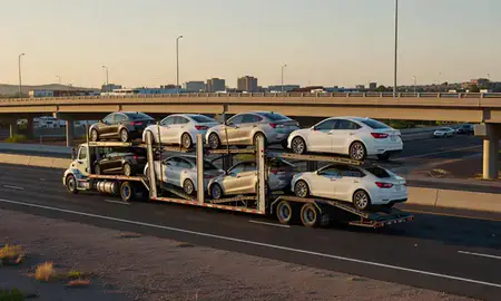 Car transporter with the Gilbert, Arizona, United States skyline behind it