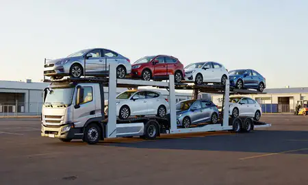 Car transporter loaded with vehicles in Glendale, Arizona, United States