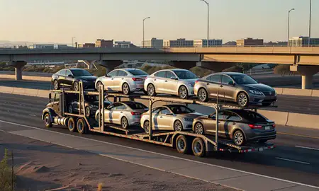 Car transporter with the Glendale, Arizona, United States skyline behind it