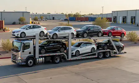 Car transporter loaded with vehicles in Goodyear, Arizona, United States