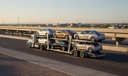 Car transporter with the Goodyear, Arizona, United States skyline behind it
