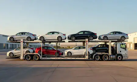 Car transporter parked in an industrial area of Lake Havasu City, Arizona, United States