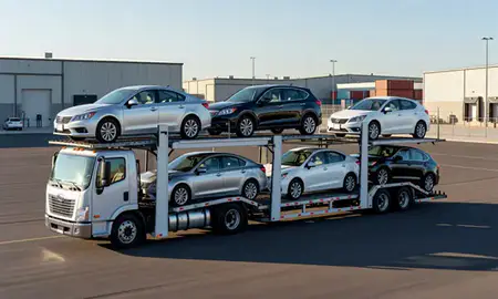 Car transporter loaded with vehicles in Lake Havasu City, Arizona, United States