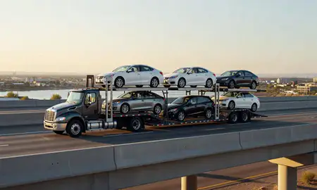 Car transporter with the Lake Havasu City, Arizona, United States skyline behind it