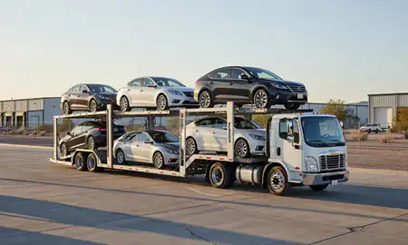 Car transporter loaded with vehicles in Marana, Arizona, United States