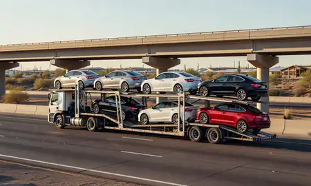 Car transporter with the Marana, Arizona, United States skyline behind it