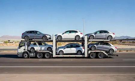 Multi-level car carrier on the highway to Maricopa, Arizona, United States
