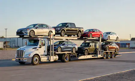 Car transporter loaded with vehicles in Maricopa, Arizona, United States