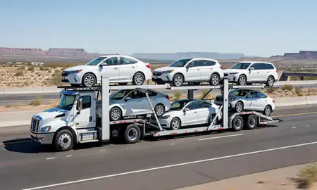 Multi-level car carrier on the highway to Mesa, Arizona, United States