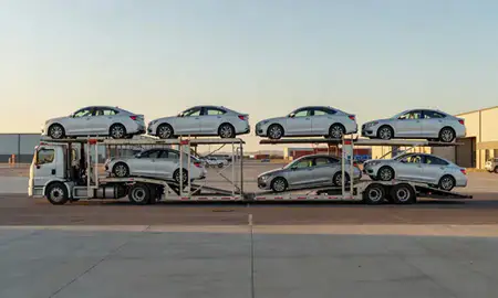Car transporter parked in an industrial area of Mesa, Arizona, United States