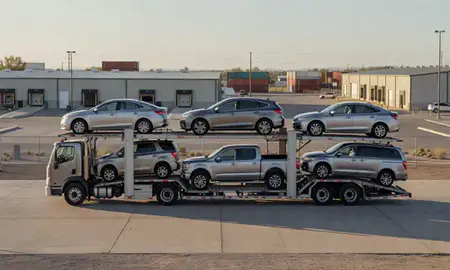 Car transporter loaded with vehicles in Mesa, Arizona, United States