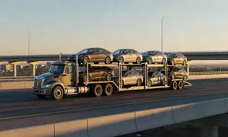 Car transporter with the Mesa, Arizona, United States skyline behind it