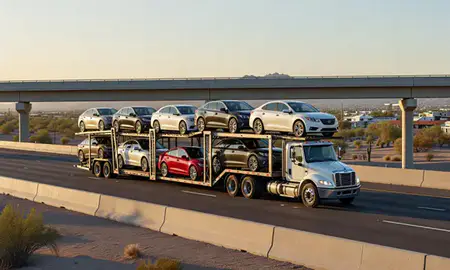 Car transporter with the Oro Valley, Arizona, United States skyline behind it
