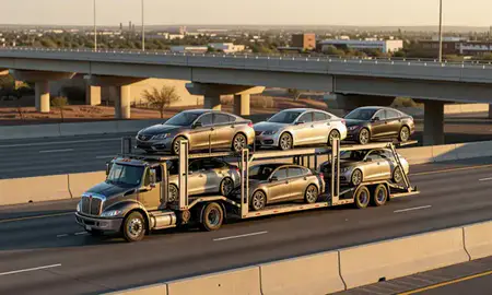 Car transporter with the Peoria, Arizona, United States skyline behind it