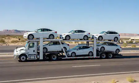Multi-level car carrier on the highway to Phoenix, Arizona, United States