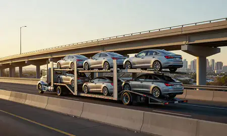 Car transporter with the Phoenix, Arizona, United States skyline behind it