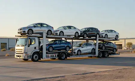 Car transporter loaded with vehicles in Prescott Valley, Arizona, United States