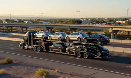 Car transporter with the Prescott Valley, Arizona, United States skyline behind it