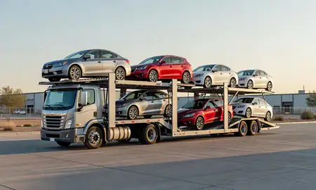 Car transporter loaded with vehicles in Prescott, Arizona, United States
