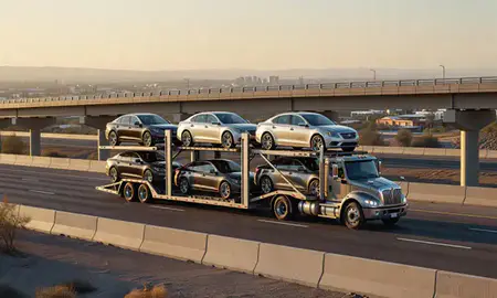 Car transporter with the Prescott, Arizona, United States skyline behind it