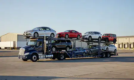 Car transporter loaded with vehicles in Queen Creek, Arizona, United States