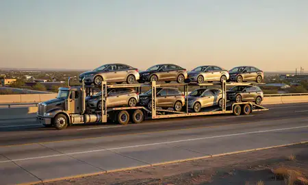 Car transporter with the Queen Creek, Arizona, United States skyline behind it
