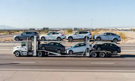 Multi-level car carrier on the highway to San Tan Valley, Arizona, United States