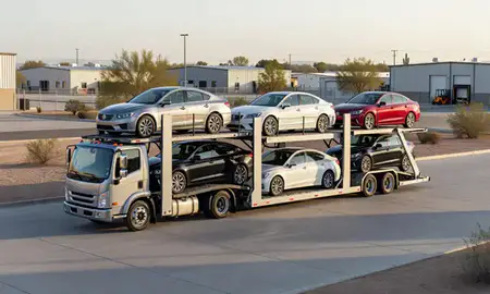 Car transporter loaded with vehicles in San Tan Valley, Arizona, United States