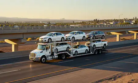 Car transporter with the San Tan Valley, Arizona, United States skyline behind it
