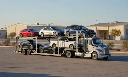 Car transporter loaded with vehicles in Scottsdale, Arizona, United States