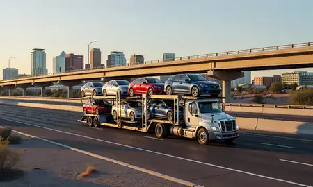 Car transporter with the Scottsdale, Arizona, United States skyline behind it